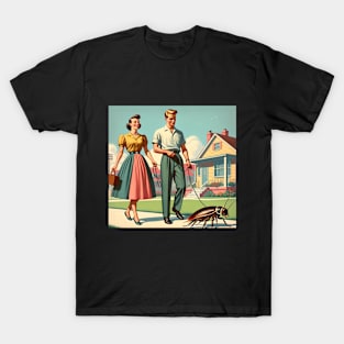 Suburban Stroll: 1950s Parents Walking Their Pet Cockroach T-Shirt